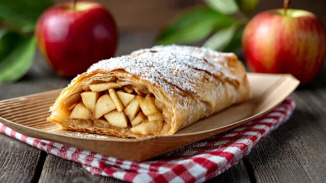 Freshly baked apple strudel with powdered sugar on rustic table with red apples