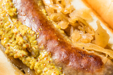 Homemade Beer Bratwursts on a Bun with Sauerkraut