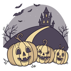 halloween pumpkin on the roof with haunted house