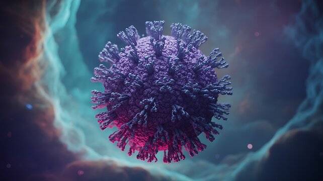 Microscopic View of a Purple Coronavirus Particle