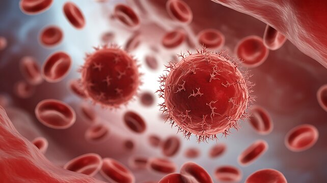Microscopic View of Cancer Cells and Red Blood Cells
