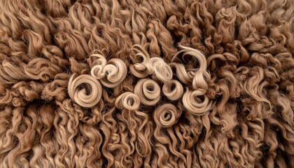 Close-up of brown, curled sheep fleece with tight, cylindrical wool curls in the center