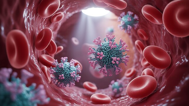 Microscopic View of Coronavirus Particles and Red Blood Cells
