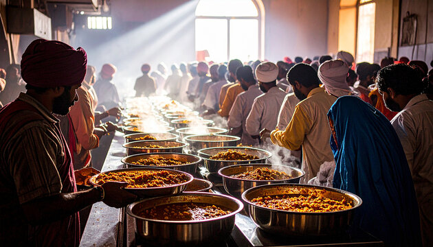 Sikh Langar Hall Food Service. Religion concept. Generated Image