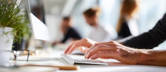 Hands typing on a computer keyboard in a modern open-plan office, focused on productivity and digital work—coding, data entry, writing, or business tasks at a desk