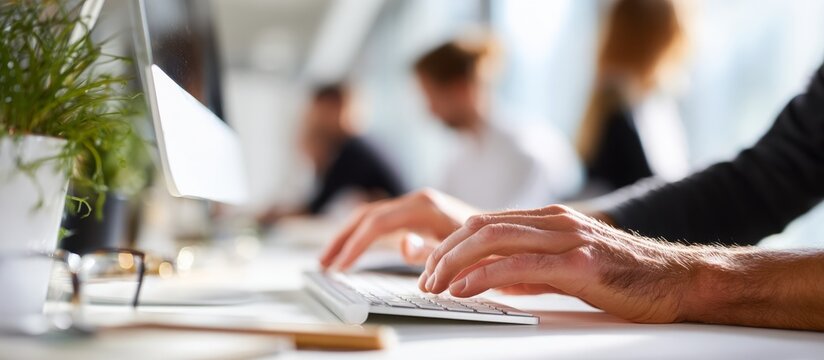 Hands typing on a computer keyboard in a modern open-plan office, focused on productivity and digital work—coding, data entry, writing, or business tasks at a desk - Powered by Adobe