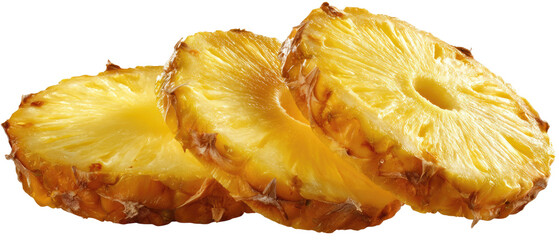 Close-up of three slices of pineapple, vibrant yellow flesh with visible brown edges