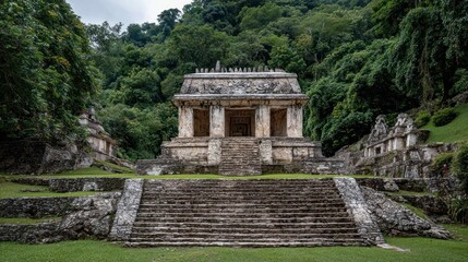 Naklejka premium Ancient stone temple complex, overgrown with lush greenery, displays intricate architecture and historical significance.