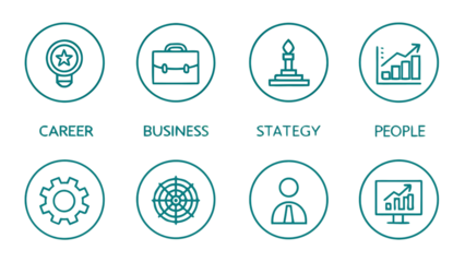 Set of personal growth and business success icons showing ideas strategy profit people and development isolated on transparent background