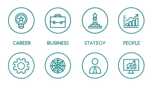 Set of personal growth and business success icons showing ideas strategy profit people and development isolated on transparent background