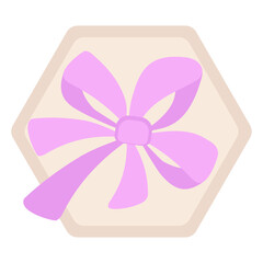 Festive hexagonal gift box decorated with a purple satin bow. Top view. Light-colored insulated paper packaging lid. Delicate wedding design. Vector gift for birthdays, anniversaries, and New Years.
