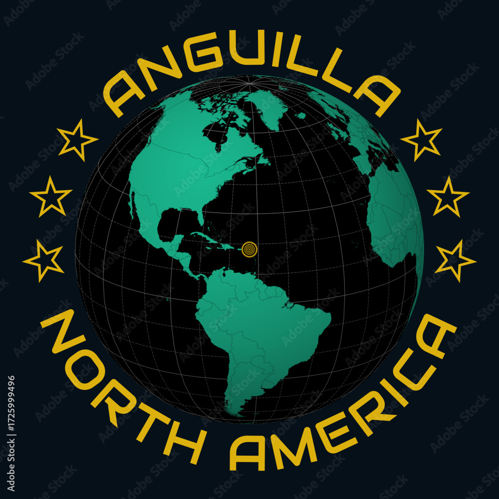 Poster anguilla on globe. round country and continent name text. country view on world map in black emerald