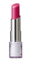 A vibrant pink lipstick in a metallic silver and white container