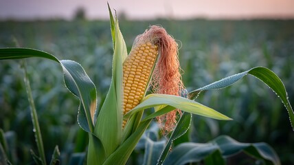 Ripe Corn Cob with Dew Drops in a Field at Sunrise
