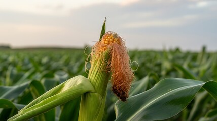 Ripe Corn Ear in a Field at Sunset