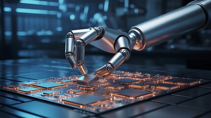 Robotic Arm Assembling a Microchip on a Circuit Board