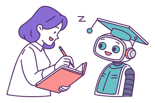 AI technology in education. Robot assist teacher by lesson. Character use artificial intelligence generative tools for learning, teaching, exam preparation, educational program. Vector illustration.