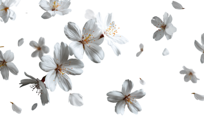 Delicate white blossoms falling against a black backdrop