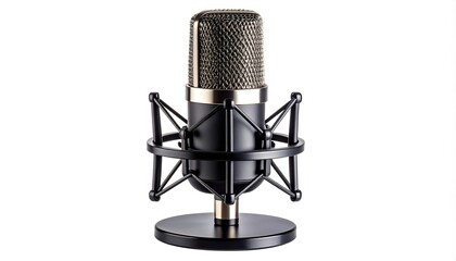 Professional Studio Condenser Microphone on Stand Isolated on White Background.