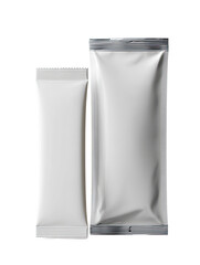 Two blank, white, food packaging pouches, one smaller than the other