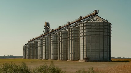 Row of Industrial Grain Silos in a Field