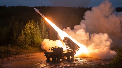 Rocket Launcher Fires Missile into Night Sky