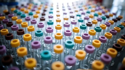 Rows of Colorful Capped Test Tubes in Laboratory