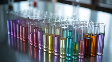 Rows of Colorful Test Tubes Filled with Liquids