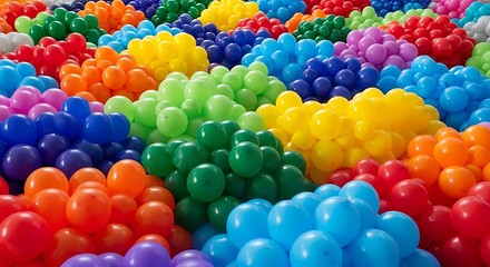 A colorful collection of many small balloons in various bright colors