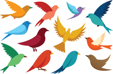 Fototapeta premium Diverse collection of 15 colorful vector bird illustrations scalable for design projects isolated on transparent background