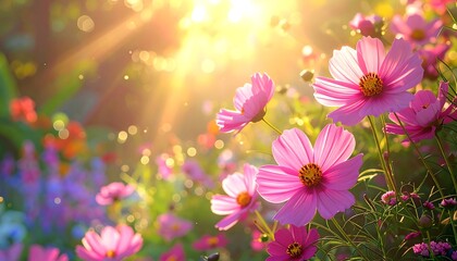 Vibrant garden flowers bathed in sunlight