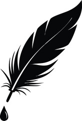 Elegant black feather silhouette with ink droplet for writing and art