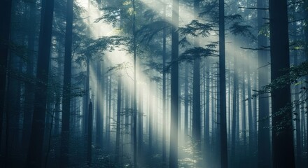 Obraz premium Mystical Forest Sunlight Piercing Through Trees