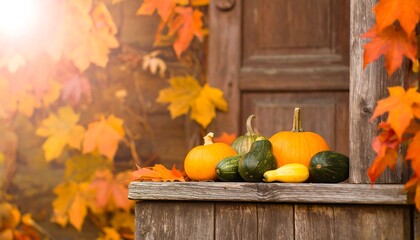 Pumpkins and gourds sit on wooden porch amidst autumn leaves in sun-drenched scene