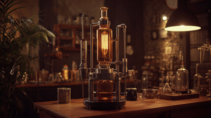 vintage distillation apparatus with glowing amber glass in lab