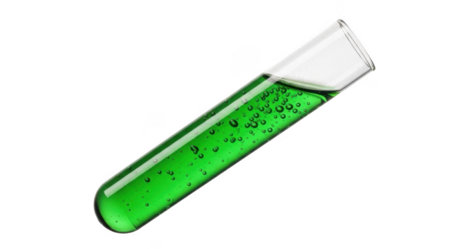 Close-up of a vibrant green liquid filled test tube with a metallic cap on a