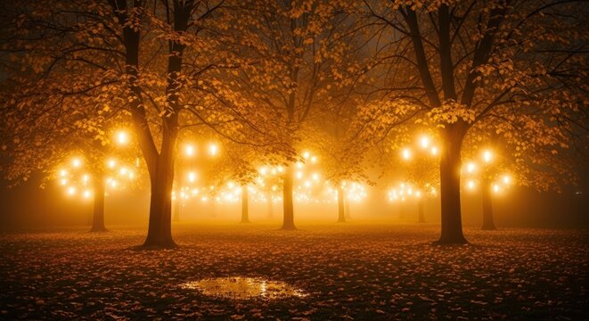Autumn trees with glowing lights in fog
