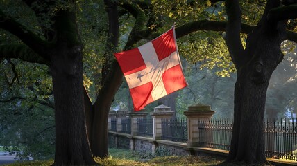 Swiss Flag Hanging from Tree Branch in Morning Light