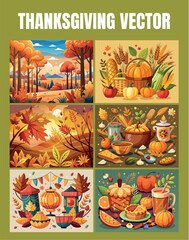 Obraz premium Collection of six vibrant thanksgiving illustrations featuring autumn harvest scenes pumpkins and festive food elements