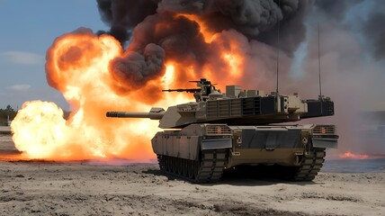 Tank in front of a massive explosion