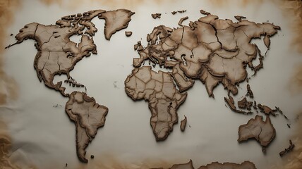 Textured 3D World Map on Aged Parchment Background