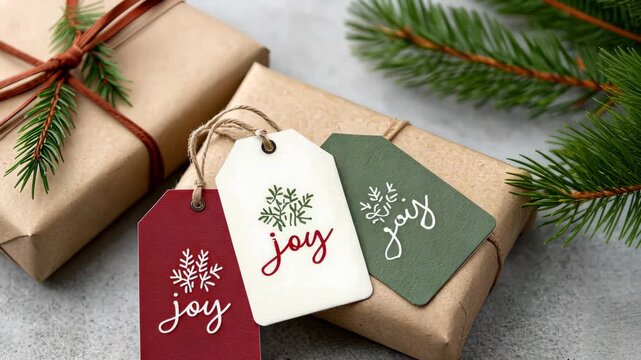 Holiday gift wrapping with pine branch and festive tags  joyful seasonal decor