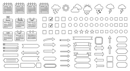 Hand drawn collection of planner accessories: mini calendars, weather icons, checkboxes, arrows, banners and labels. Simple and functional line art for bullet journaling
