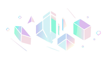 Isometric shapes holographic gradient background with geometric forms and pastel colors abstract design art 3d