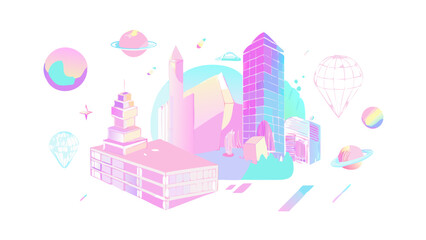Pastel cityscape with planets and buildings in a dreamy futuristic design for modern backgrounds and graphics use