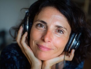 A woman smiles while listening to music through headphones.