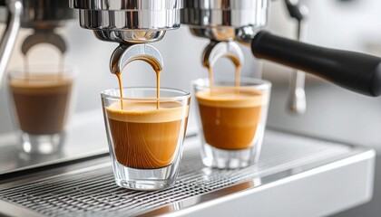 Close-up of a high-quality espresso machine meticulously brewing two perfect shots of rich, aromatic coffee, showcasing the artful preparation and inviting golden crema of the freshly made beverage