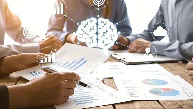 A focused team brainstorming and analyzing data at a wooden table, with various data visualizations. Digital icons representing data and intelligence float above them. - Powered by Adobe