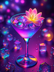 A vibrant cocktail with ice and a lotus flower in a neon setting