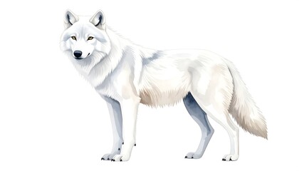 Majestic Arctic Wolf Watercolor Illustration, White Fur, Standing Pose